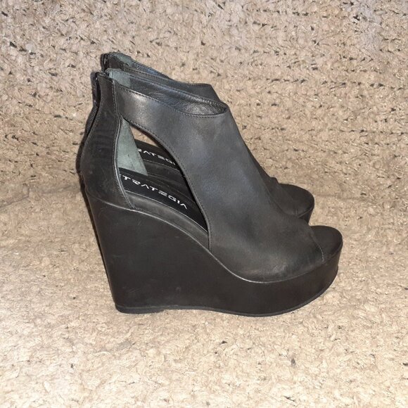 STRATEGIA-Black Oiled Suede Platform Wedges-Back Zip-Sz 36-Near Mint - Picture 4 of 7